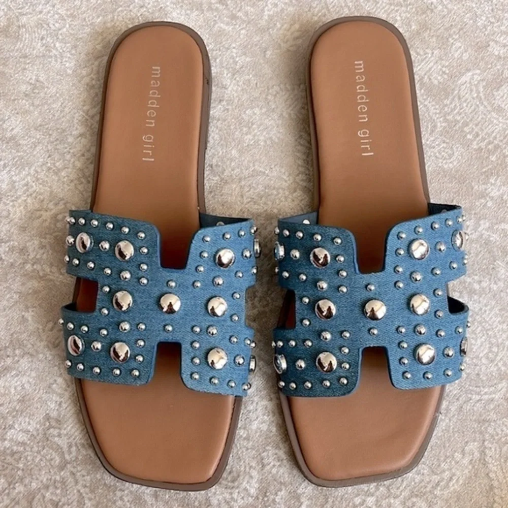 Brand New Madden Girl Denim Blue Silver Tone Metal Studded H-Band Slides Sandals